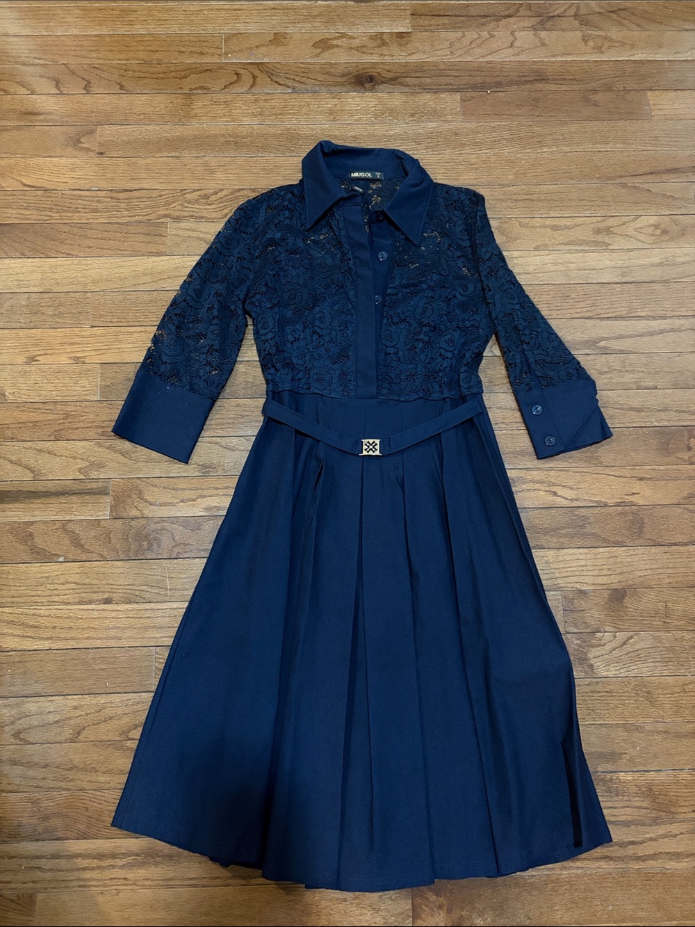 Miusol Navy Lace Bodice Pleated Midi Shirt Dress with Belt Accent